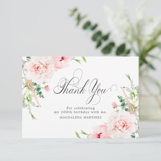 100e Verjaardag Roze pioenroos Floral Flat Bedankkaart (Staand voorkant)