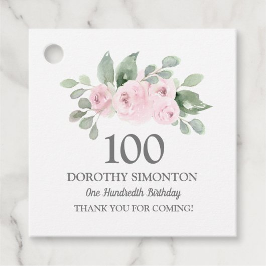 100e verjaardag Roze Rose Eucalyptus Bedankjes Labels (Voorkant)