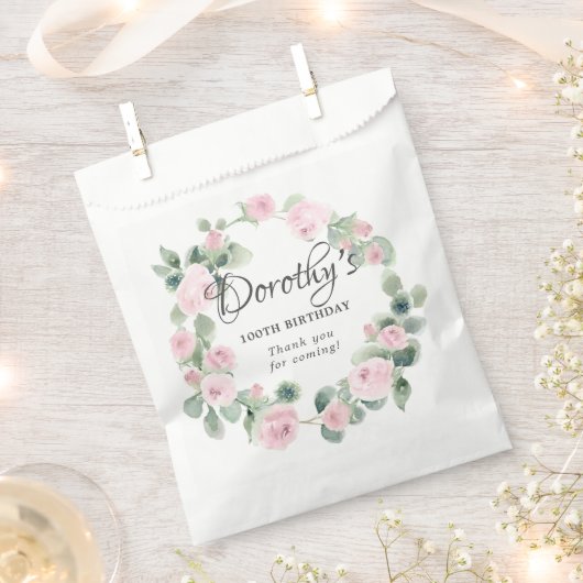 100e verjaardag Roze Rose Floral Eucalyptus Wreath Bedankzakje (Geknipt)