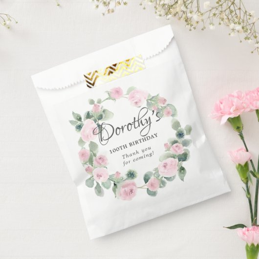 100e verjaardag Roze Rose Floral Eucalyptus Wreath Bedankzakje (Gezegeld)