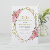 100e verjaardag Roze Rose Floral Gold Kaart (Staand voorkant)