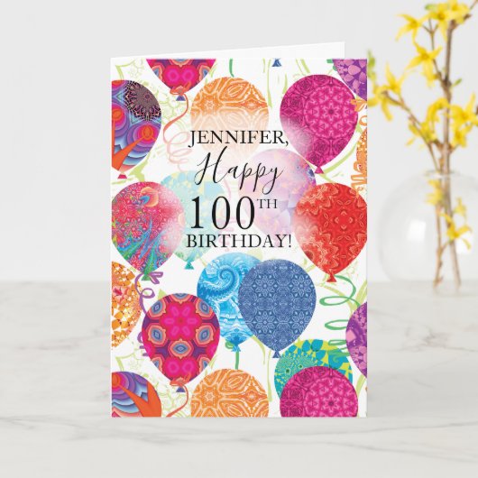 100e Verjaardag Roze Sinaasappel Turquoise Ballonn Kaart (Gele Bloem)