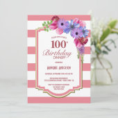 100e verjaardag Roze Striped Paarse Floral Party Kaart (Staand voorkant)