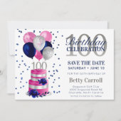 100e verjaardag roze taart opslaan de datum uitnod kaart (Voorkant)