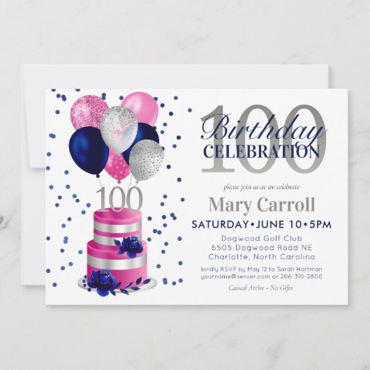 100e verjaardag roze taart uitnodiging (Voorkant)