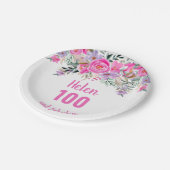 100e verjaardag roze waterverf floraal papieren bordje (Gekanteld)