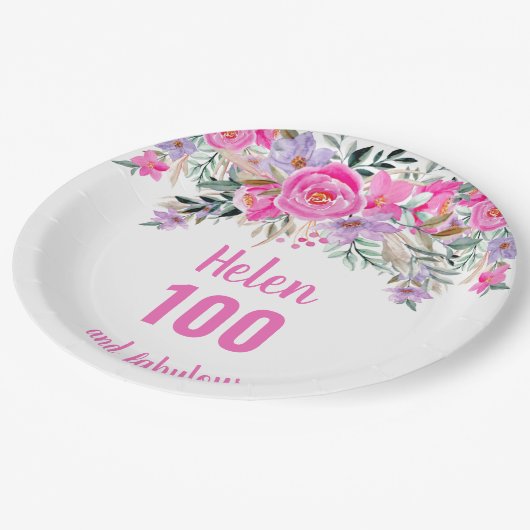 100e verjaardag roze waterverf floraal papieren bordje (Gekanteld)