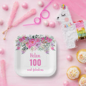 100e verjaardag roze waterverf floraal papieren bordje (Feest)