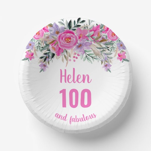 100e verjaardag roze waterverf floraal papieren kommen (Voorkant)