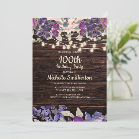 100e verjaardag Rustic String Light Paars Floral Kaart (Staand voorkant)