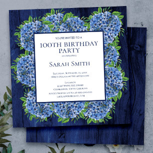 100e verjaardag Rustic Wood Blue Hydrangeas Party Kaart