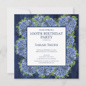 100e verjaardag Rustic Wood Blue Hydrangeas Party Kaart (Voorkant)