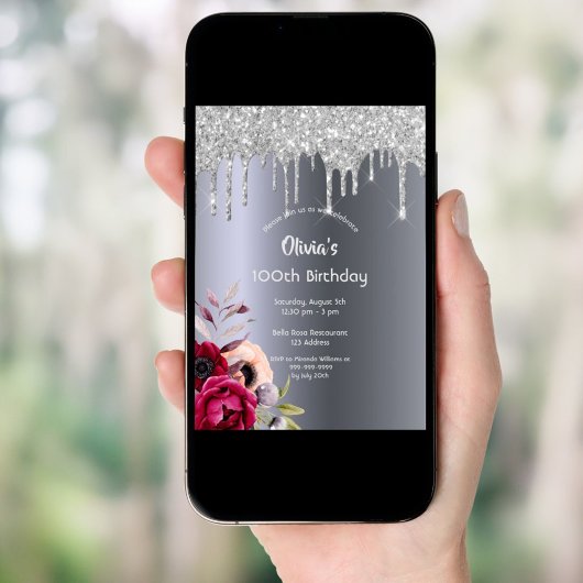 100e verjaardag Silver glitter druppel burgundy fl Kaart