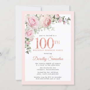 100e verjaardag Surprise Party Blush Pink Bloemen Kaart