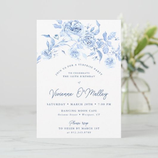 100e Verjaardag Surprise Party Dusty Blue Floral Kaart (Staand voorkant)