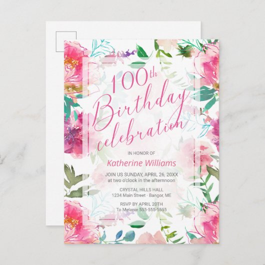 100e verjaardag Tropische Waterverf Roze Floral Uitnodiging Briefkaart (Voorkant / Achterkant)