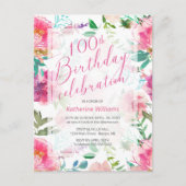 100e verjaardag Tropische Waterverf Roze Floral Uitnodiging Briefkaart (Voorkant)