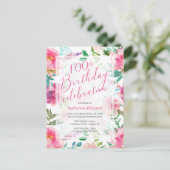 100e verjaardag Tropische Waterverf Roze Floral Uitnodiging Briefkaart (Staand voorkant)