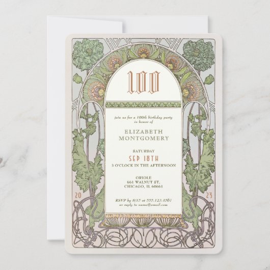 100e verjaardag Uitnodiging Art Nieuw bij Mucha (Voorkant)