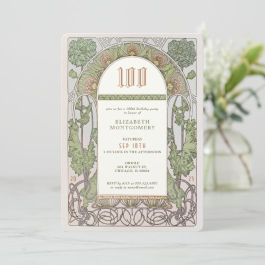 100e verjaardag Uitnodiging Art Nieuw bij Mucha (Staand voorkant)