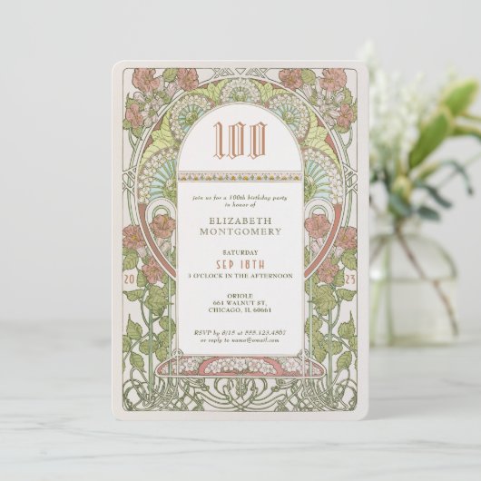 100e verjaardag Uitnodiging Art Nieuw bij Mucha (Staand voorkant)