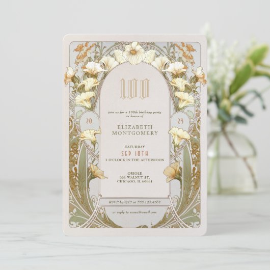 100e verjaardag Uitnodiging Art Nieuw bij Mucha (Staand voorkant)