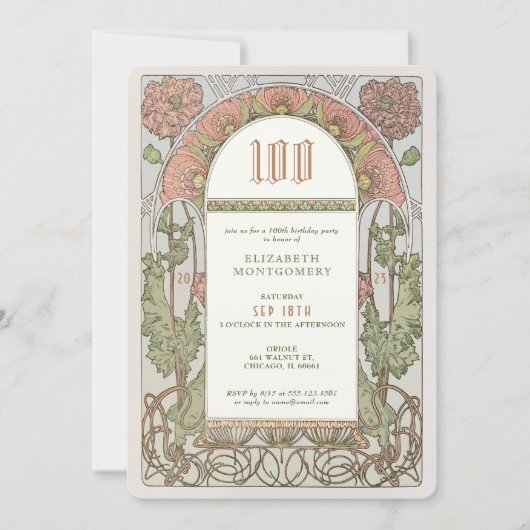 100e verjaardag Uitnodiging Art Nieuw bij Mucha (Voorkant)