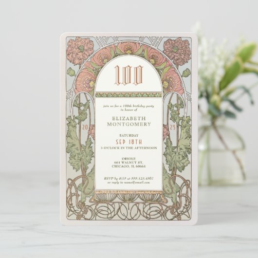 100e verjaardag Uitnodiging Art Nieuw bij Mucha (Staand voorkant)