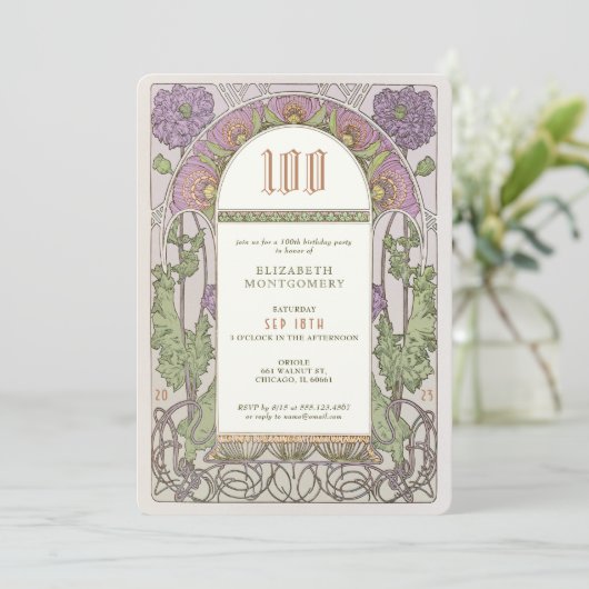 100e verjaardag Uitnodiging Art Nieuw bij Mucha (Staand voorkant)