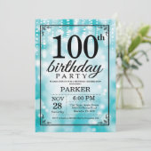 100e verjaardag uitnodiging Blauwgroen glitter (Staand voorkant)