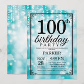 100e verjaardag uitnodiging Blauwgroen glitter (Voorkant / Achterkant)