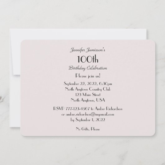 100e verjaardag Uitnodiging Bleek Roze Roze Roze (Achterkant)