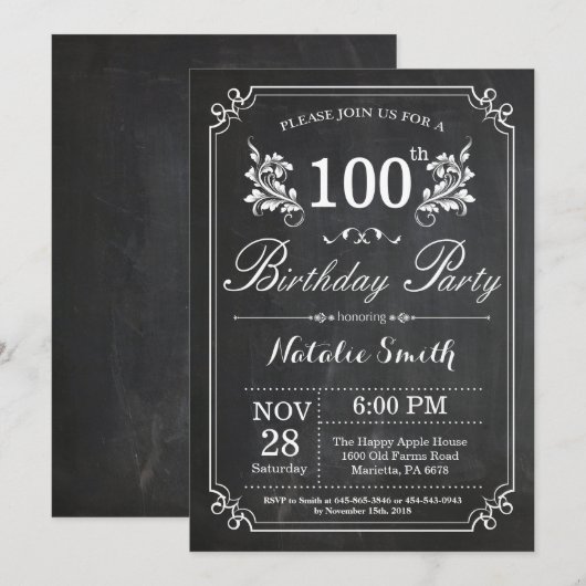 100e verjaardag uitnodiging Bloemen schoolbord (Voorkant / Achterkant)