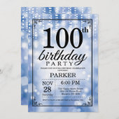 100e verjaardag uitnodiging Blue Glitter (Voorkant / Achterkant)