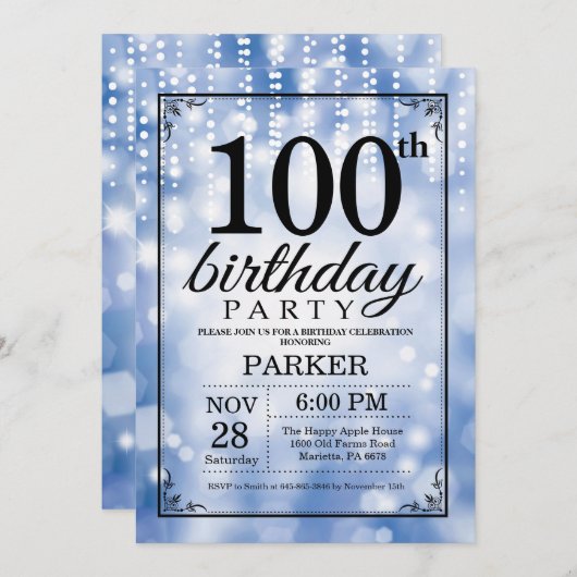 100e verjaardag uitnodiging Blue Glitter (Voorkant / Achterkant)