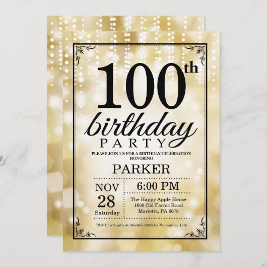 100e verjaardag uitnodiging Gold Glitter (Voorkant / Achterkant)