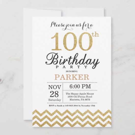 100e verjaardag uitnodiging Gold Glitter (Voorkant)