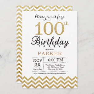 100e verjaardag uitnodiging Gold Glitter