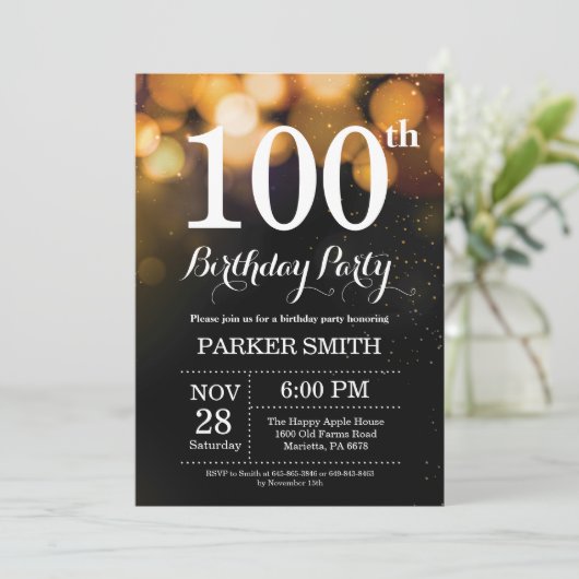 100e verjaardag uitnodiging Gold Glitter (Staand voorkant)