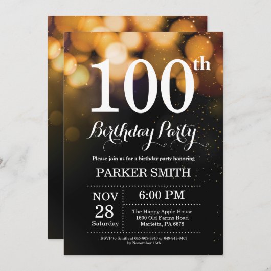 100e verjaardag uitnodiging Gold Glitter (Voorkant / Achterkant)