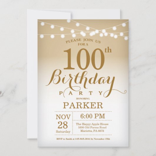 100e verjaardag uitnodiging Gold String Lights (Voorkant)