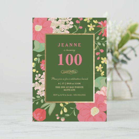 100e verjaardag Uitnodiging - Goud, Elegant Floral (Staand voorkant)