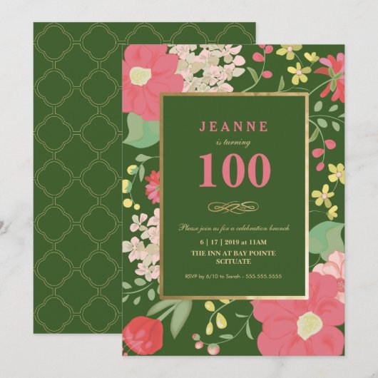 100e verjaardag Uitnodiging - Goud, Elegant Floral (Voorkant / Achterkant)