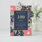 100e verjaardag Uitnodiging - Goud, Elegant Floral (Staand voorkant)