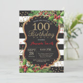 100e verjaardag Uitnodiging Kerst Rood Zwart Goud (Staand voorkant)