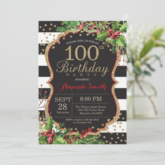 100e verjaardag Uitnodiging Kerst Rood Zwart Goud (Staand voorkant)