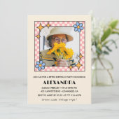 100e verjaardag uitnodiging Retro Groovy Blue Flor (Staand voorkant)