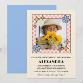 100e verjaardag uitnodiging Retro Groovy Blue Flor (Voorkant / Achterkant)