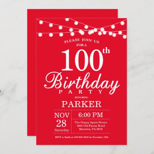 100e verjaardag uitnodiging rood (Voorkant / Achterkant)