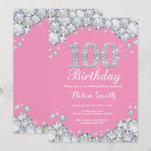 100e verjaardag uitnodiging roze en zilveren diama (Voorkant / Achterkant)